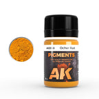 AK2043 Ocher Rust: 35 ml AK PIGMENTS jar with a black screw cap, beside a swatch of warm ochre-brown powder