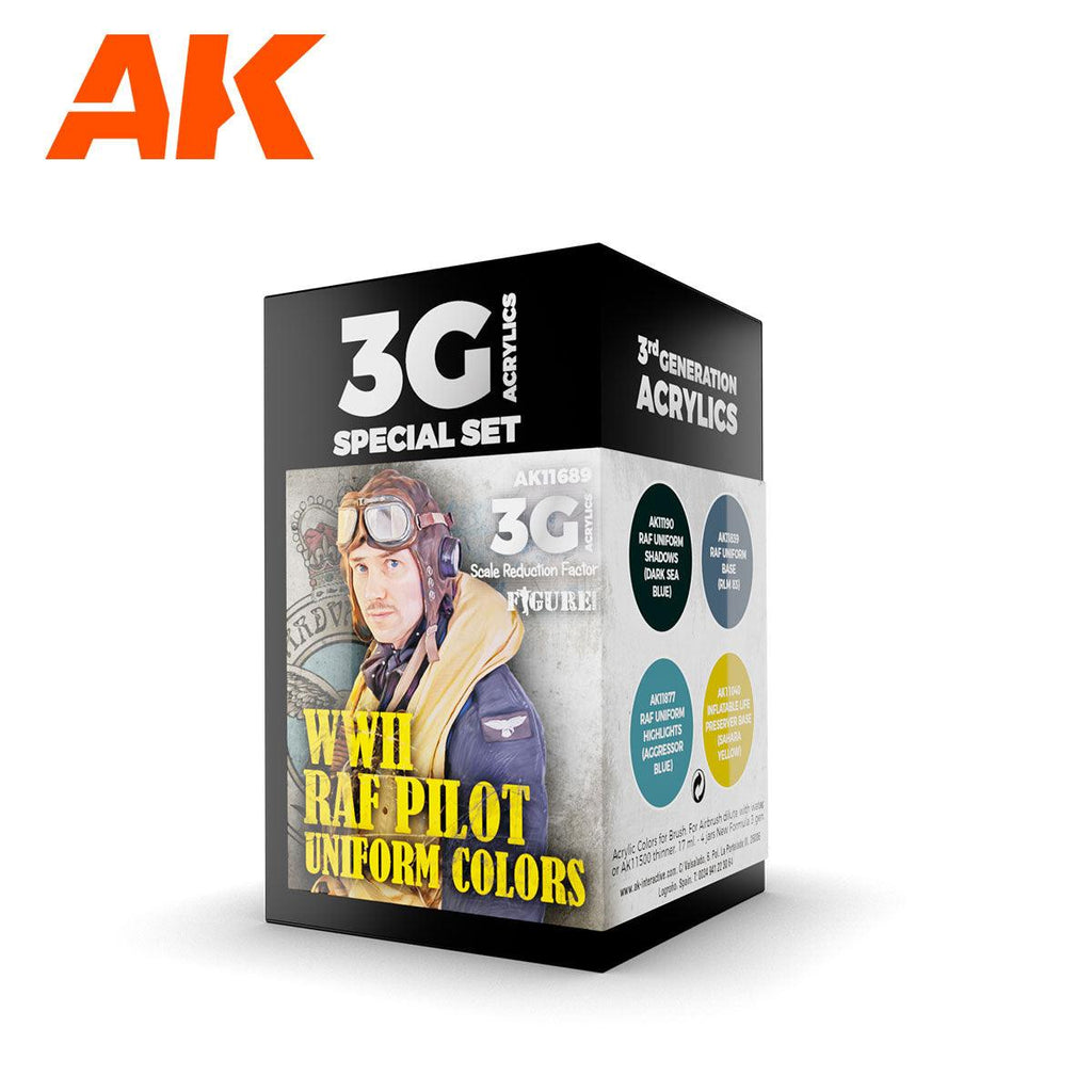 AK11689 WWII RAF pilot uniform paint set box, 3G Special Set carton with the four colour swatches on the side