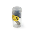 AK Interactive AK9602 replacement nozzle 0.3mm inside clear screw-cap storage vial with yellow 0.3 size label showing brass nozzle visible through the plastic