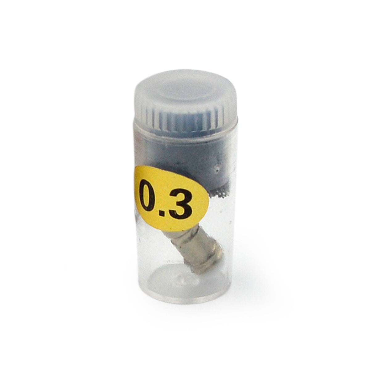AK Interactive AK9602 replacement nozzle 0.3mm inside clear screw-cap storage vial with yellow 0.3 size label showing brass nozzle visible through the plastic