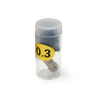 AK Interactive AK9602 replacement nozzle 0.3mm inside clear screw-cap storage vial with yellow 0.3 size label showing brass nozzle visible through the plastic
