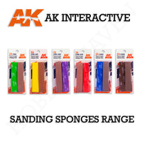 AK Interactive Sanding Sponges complete range showing six colour-coded packs of 6 pads each from P400 green through P500-600 yellow, P800-1000 purple, P1200-1500 red, P2000 blue, to P3000 brown with AK branding and SKU codes AK9550 to AK9555
