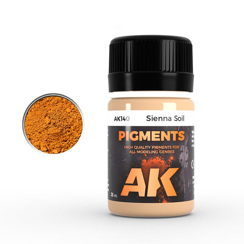 AK140 Sienna Soil: 35 ml AK PIGMENTS jar with a black screw cap, beside a swatch of warm sienna-brown powder