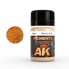 AK140 Sienna Soil: 35 ml AK PIGMENTS jar with a black screw cap, beside a swatch of warm sienna-brown powder