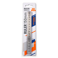 AK Interactive AK9546 Steel Ruler 150mm in retail blister packaging showing stainless steel ruler with metric millimetre graduations and Made of Stainless Steel badge
