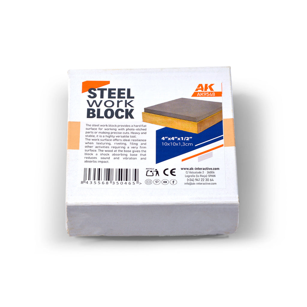 AK Interactive AK9548 Steel Work Block in retail box packaging showing product dimensions 4x4x1/2 inch and 10x10x1.3cm with image of steel block on wooden base and barcode 8435568350465