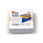 AK Interactive AK9548 Steel Work Block in retail box packaging showing product dimensions 4x4x1/2 inch and 10x10x1.3cm with image of steel block on wooden base and barcode 8435568350465