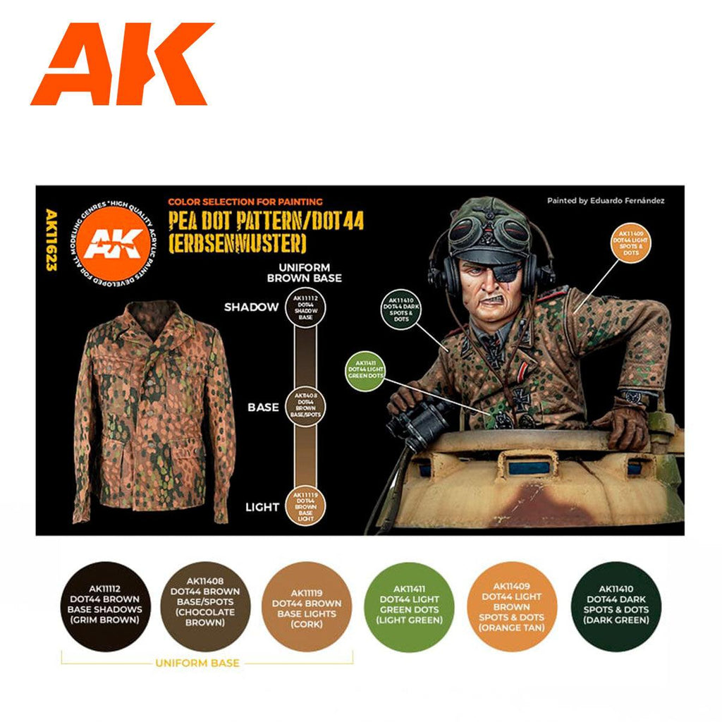 AK11623 panel: six swatches with codes, the uniform shadow-base-light ladder and the spot and dot colours