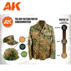 AK11623 panel: original M44 pea dot jacket, field cap and helmet cover with the spot colours labelled