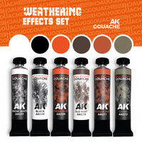 AK Interactive Weathering Effects Set (AKG25) back packaging showing the contents and colors of the gouache paints.

