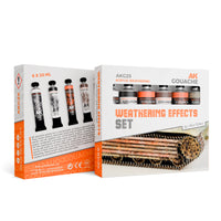 AK Interactive Weathering Effects Set (AKG25) front packaging showing the complete gouache set.


