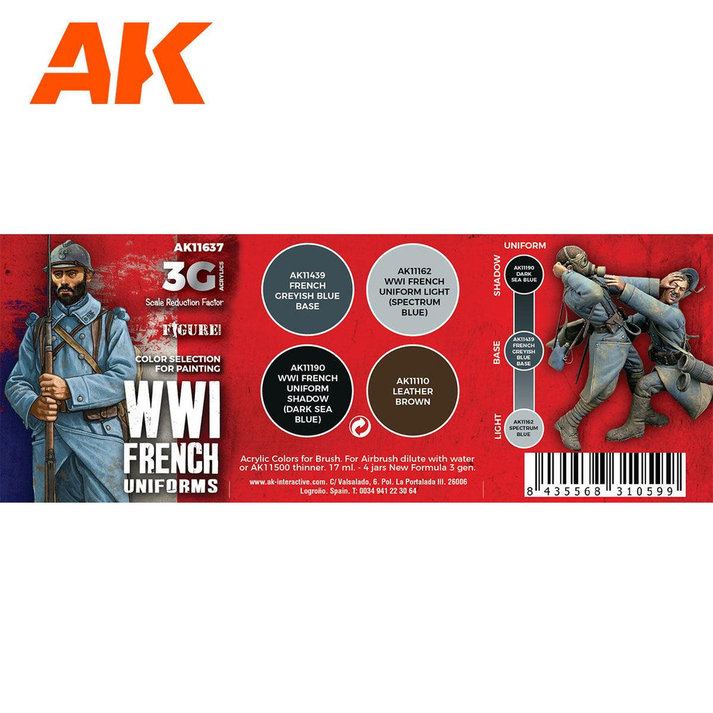 AK11637 fold-out label: four swatches with AK codes, the shadow-base-light ladder, 17 ml four-jar line and barcode