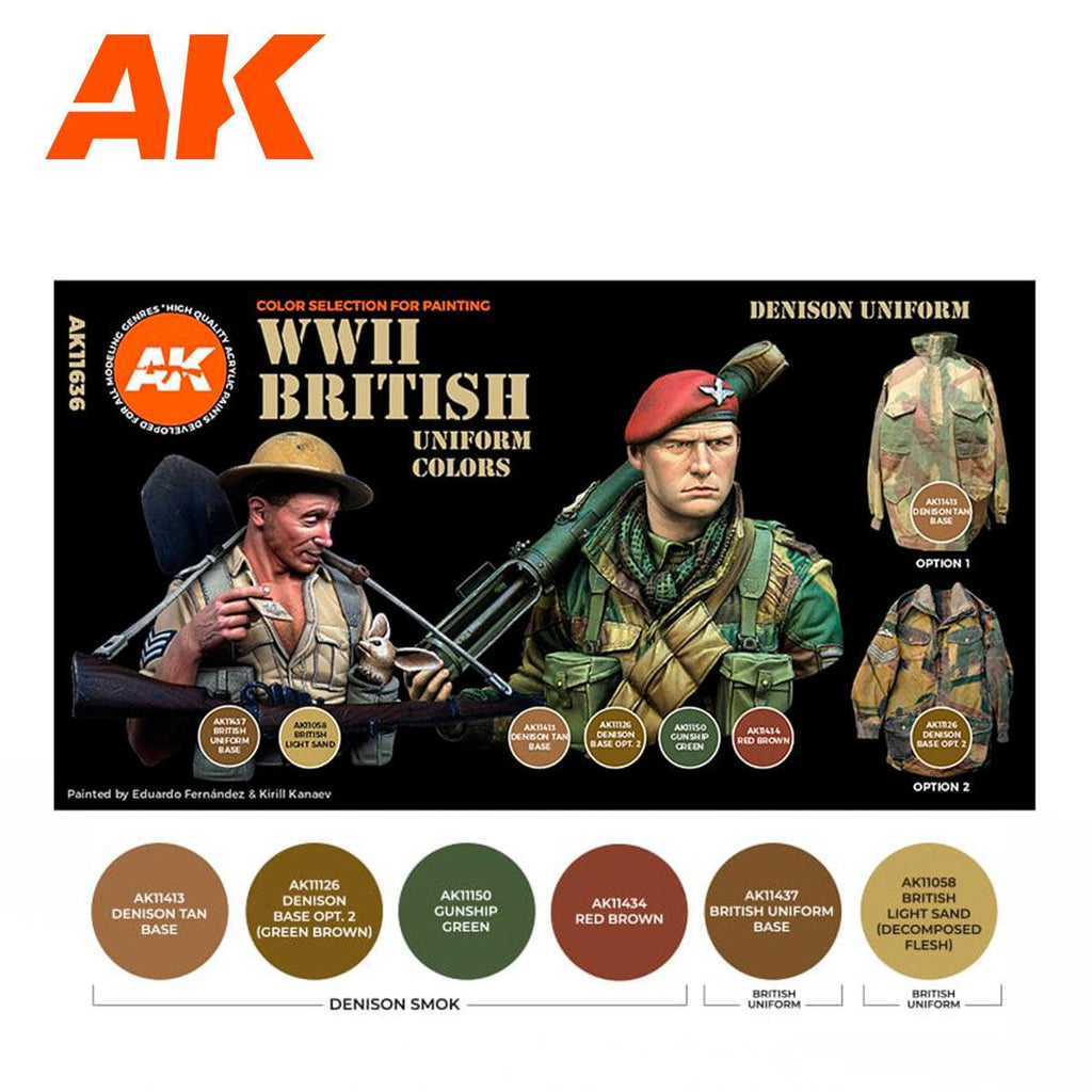 AK11636 colour panel: six swatches with AK codes, Denison smock options 1 and 2 and the two British uniform tones