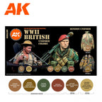AK11636 colour panel: six swatches with AK codes, Denison smock options 1 and 2 and the two British uniform tones