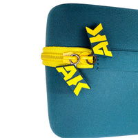 Close-up of AK Interactive Mini Tool Box corner showing two branded rubber AK logo zip pulls in yellow and navy on the yellow zip against teal EVA shell exterior
