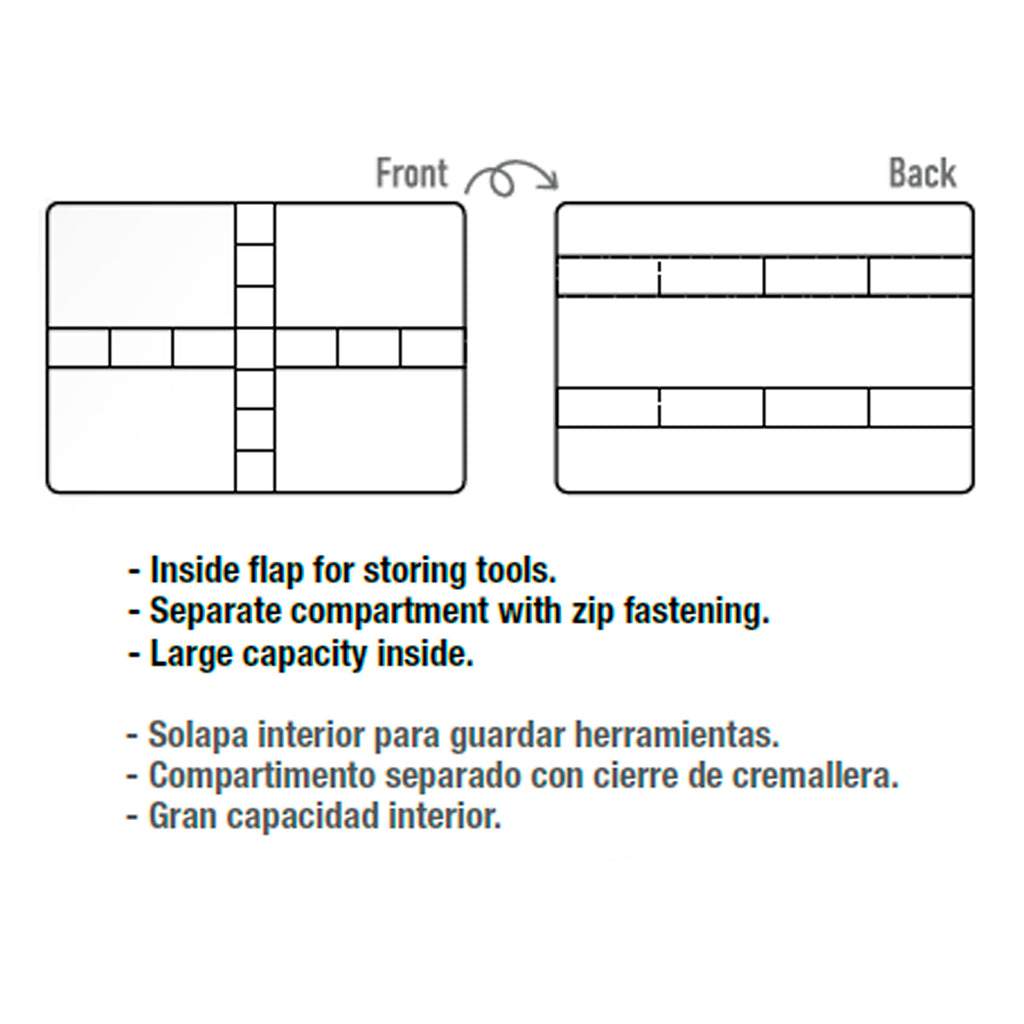 AK Interactive Mini Tool Box interior layout diagram showing front base view with compartment sections and elastic strap positions and back lid view with horizontal elastic loop holders and separate zip compartment with feature descriptions in English and Spanish