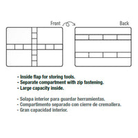 AK Interactive Mini Tool Box interior layout diagram showing front base view with compartment sections and elastic strap positions and back lid view with horizontal elastic loop holders and separate zip compartment with feature descriptions in English and Spanish
