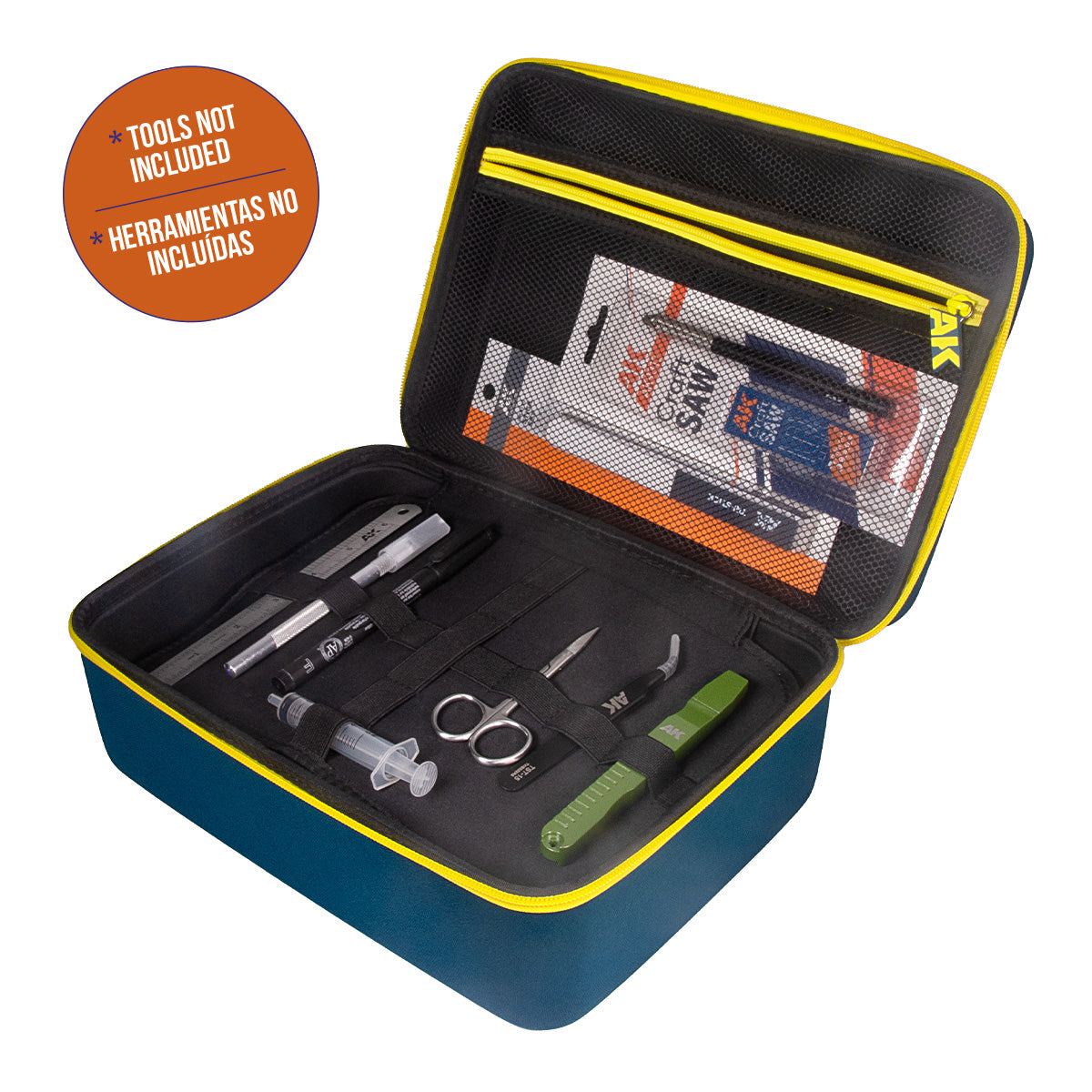 AK Interactive Mini Tool Box opened from different angle showing base elastic strap organiser holding rulers scissors syringes and cutters and lid zip mesh pocket containing packaged sanding sponges and blade refills with tools not included badge