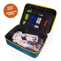 AK Interactive Mini Tool Box opened showing lid with elastic loop tool holders containing various hobby knives markers and cutters and base with deep compartment holding packaged tools including hobby knife and craft saw packs with tools not included badge
