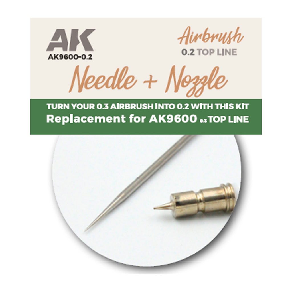 Close-up of AK Interactive 0.2mm stainless steel needle tip alongside brass self-centering nozzle showing the precision-ground taper and machined nozzle orific