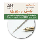 Close-up of AK Interactive 0.2mm stainless steel needle tip alongside brass self-centering nozzle showing the precision-ground taper and machined nozzle orific