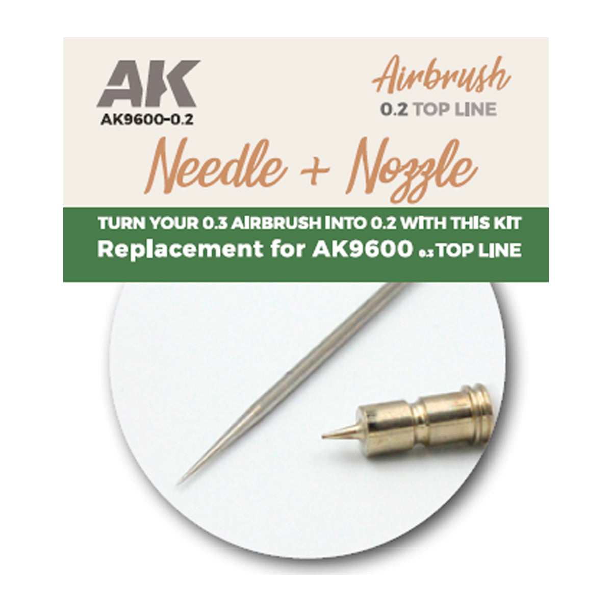 Close-up of AK Interactive 0.2mm stainless steel needle tip alongside brass self-centering nozzle showing the precision-ground taper and machined nozzle orific