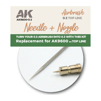 Close-up of AK Interactive 0.2mm stainless steel needle tip alongside brass self-centering nozzle showing the precision-ground taper and machined nozzle orific
