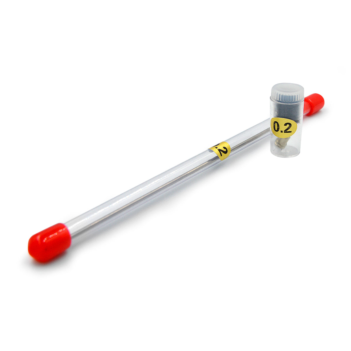 AK Interactive 0.2mm needle in clear protective tube with red end caps and yellow 0.2 size labels alongside brass nozzle in separate screw-cap storage vial