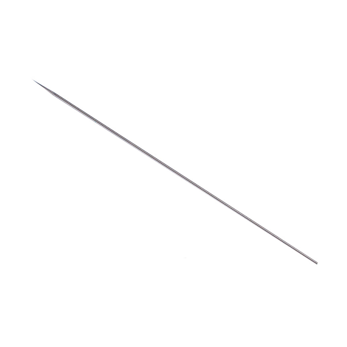 AK Interactive 0.3mm stainless steel airbrush needle full length out of protective tube showing precision-ground taper from shaft to fine needle point