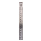 AK Interactive 150mm stainless steel ruler front side close-up showing precise millimetre graduations from 10mm to 150mm with brushed steel surface finish and hanging hole