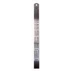 AK Interactive 300mm steel ruler reverse side showing engraved inch to millimetre conversion table covering 1 to 12 inches plus 24 and 36 inch equivalents, fractional inch breakdowns, metric tap drill chart M1 to M27, and Whitworth UNF thread reference