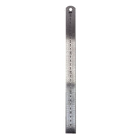 AK Interactive 300mm stainless steel ruler front side showing precise millimetre graduations from 10mm to 300mm with AK logo, brushed steel surface and hanging hole
