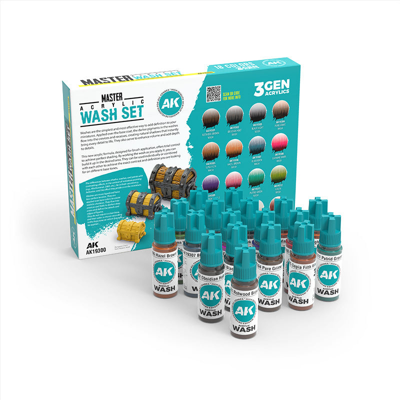 AK Interactive Master Acrylic Wash Set with 18 acrylic washes for miniatures