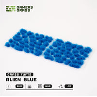 Sheet of 70 Alien Blue 6mm - Wild Tufts, displaying variety of shapes and sizes of vibrant blue, alien-like vegetation tufts
