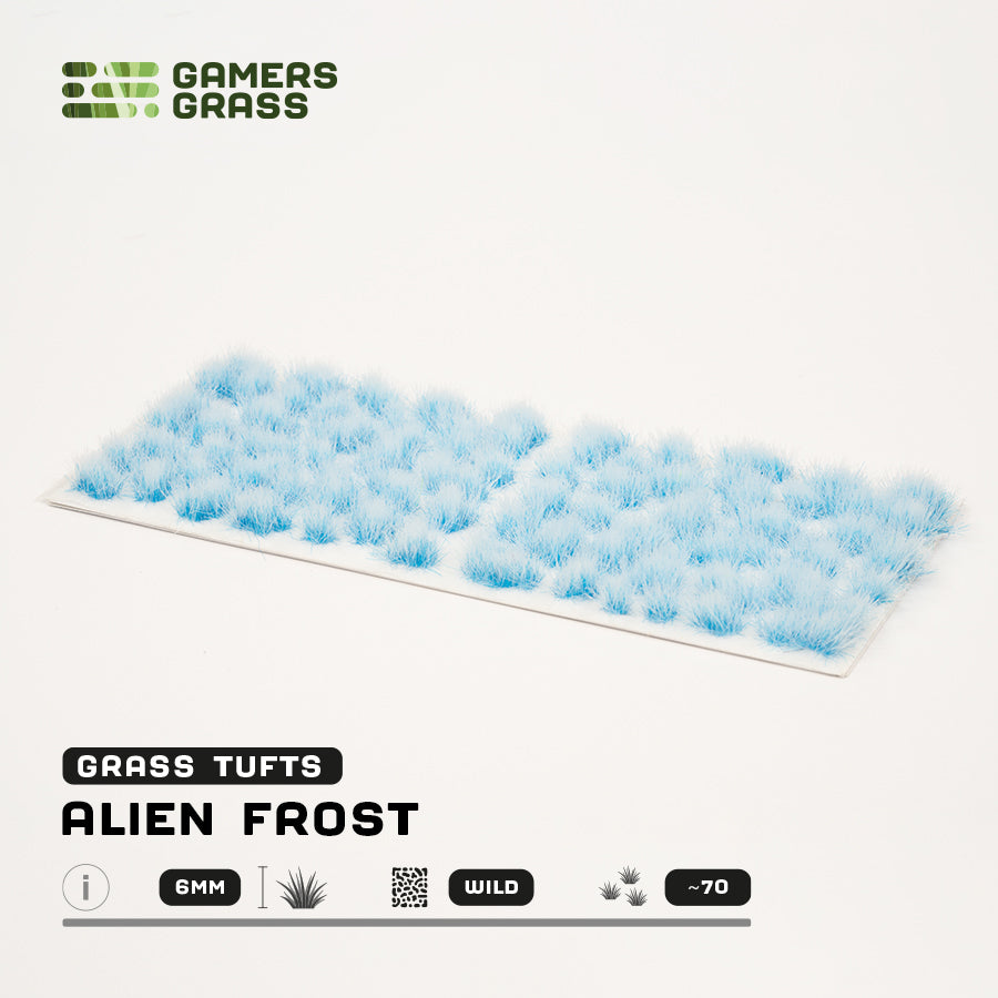 Sheet of 70 Alien Frost 6mm - Wild Tufts, displaying variety of shapes and sizes of light blue, frost-like vegetation tufts