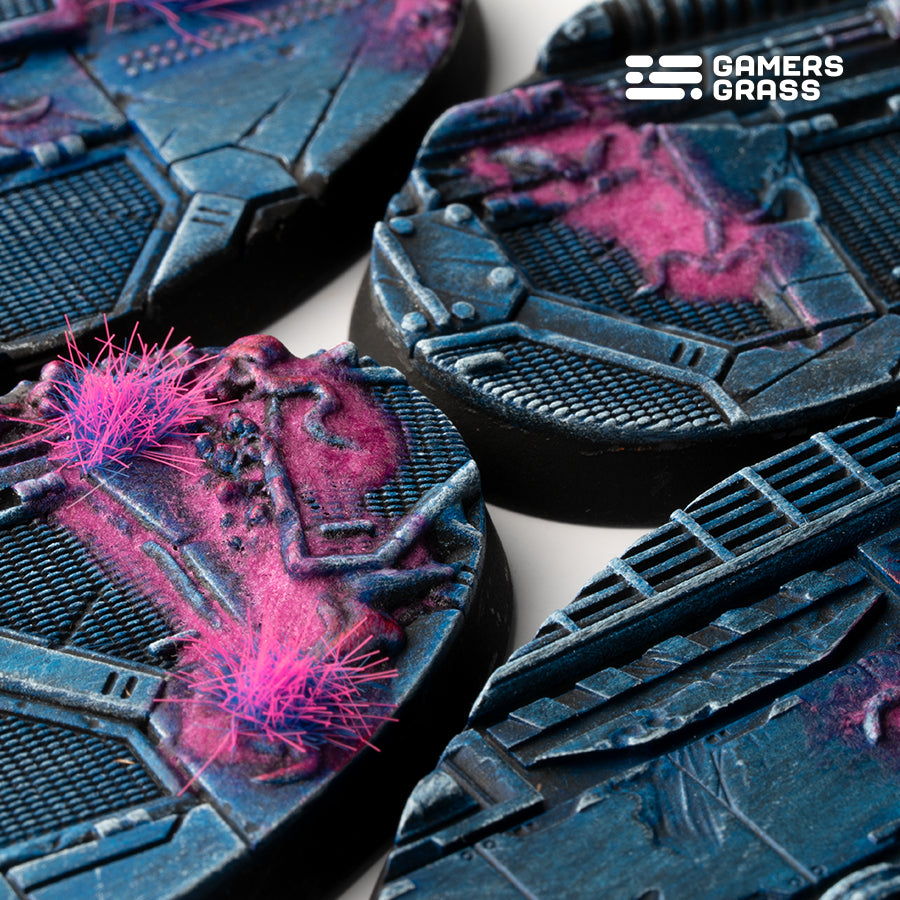 Extreme close-up detail of 60mm oval Alien Infestation base showing detailed alien biomass and wreckage
