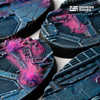 Extreme close-up detail of 60mm oval Alien Infestation base showing detailed alien biomass and wreckage
