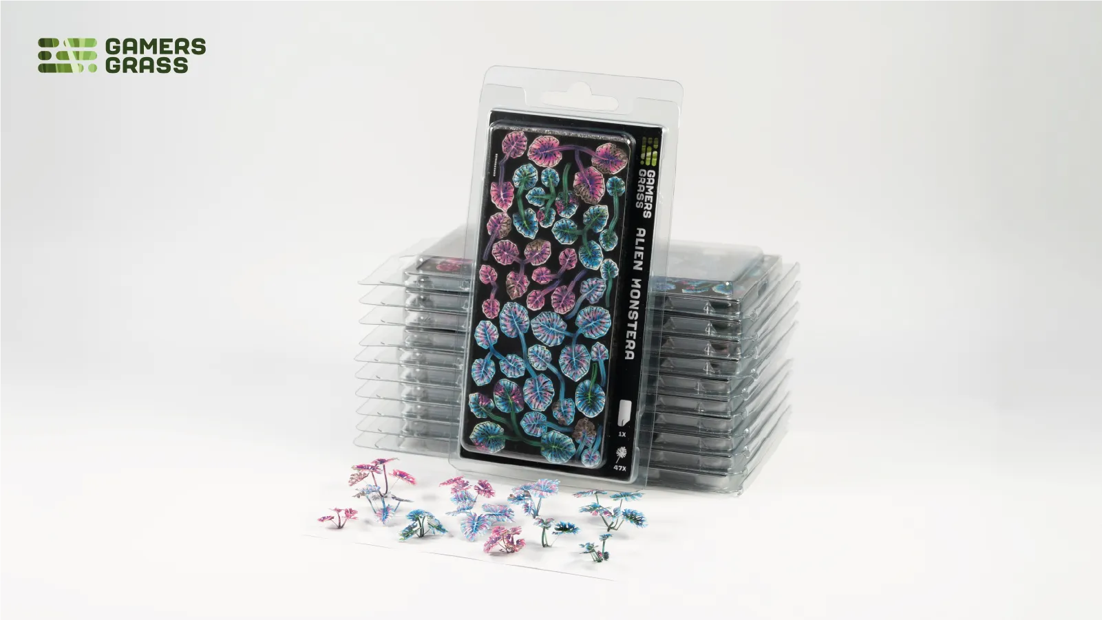 Gamers Grass Alien Monstera GGLP-AM blister pack with assembled laser-cut alien leaves displayed in front