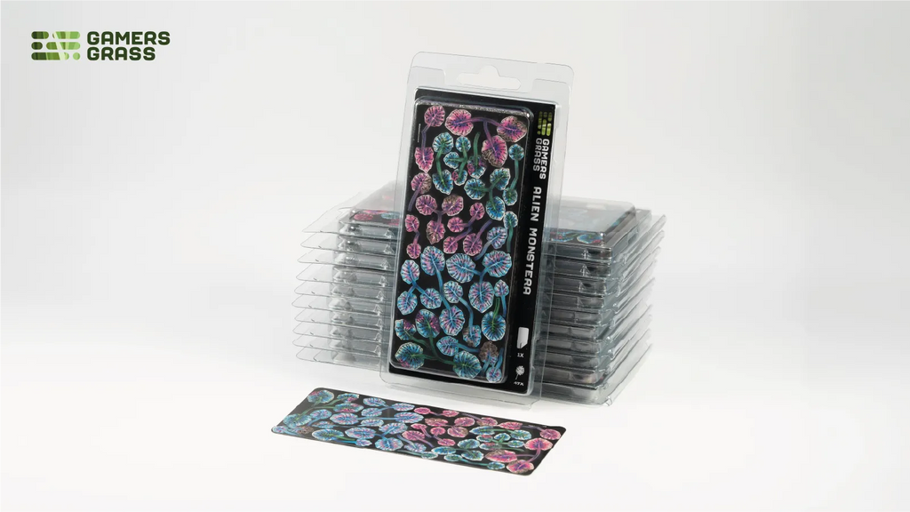 Gamers Grass Alien Monstera blister pack with uncut carrier sheet showing all 47 leaves
