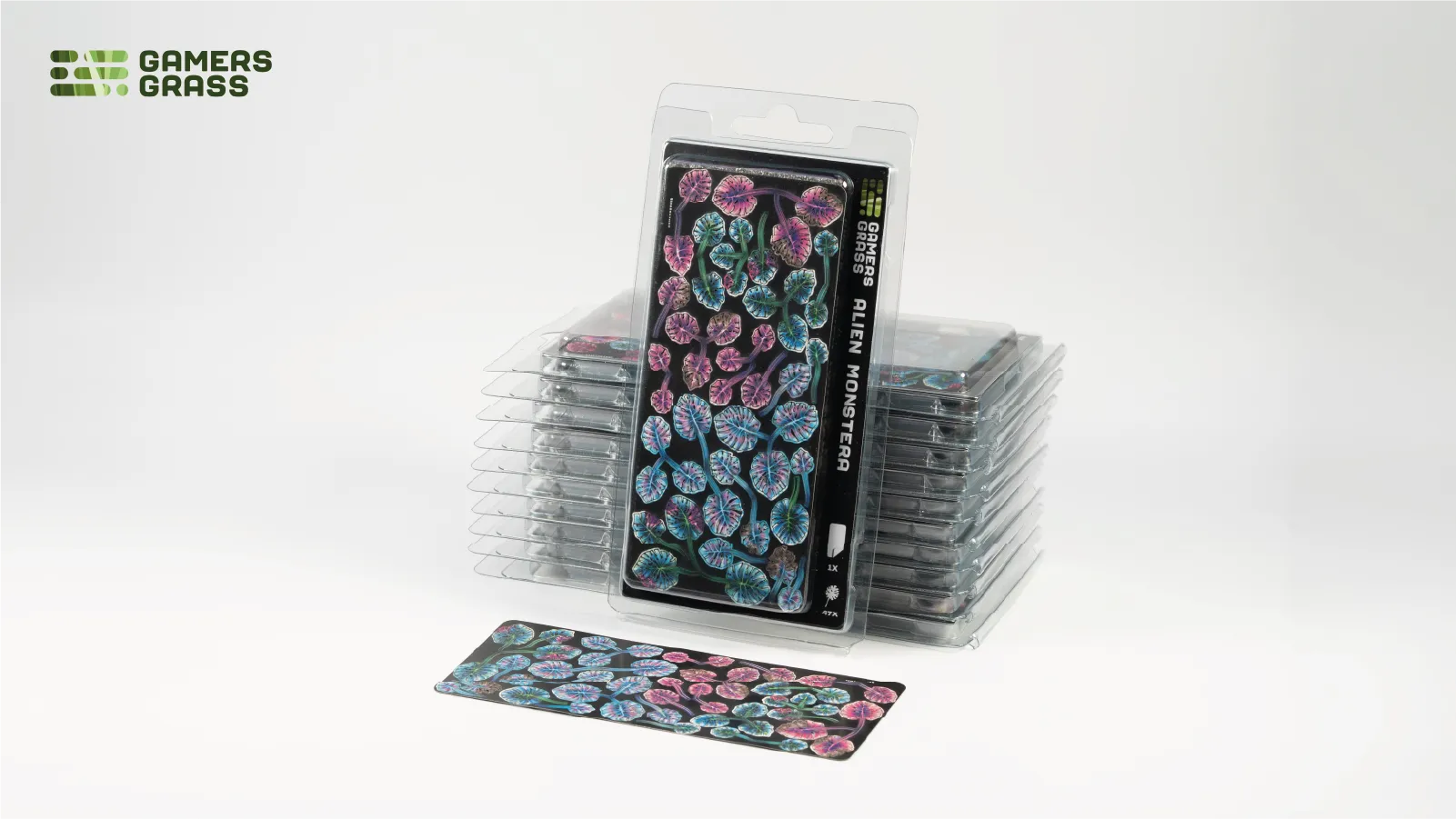 Gamers Grass Alien Monstera blister pack with uncut carrier sheet showing all 47 leaves
