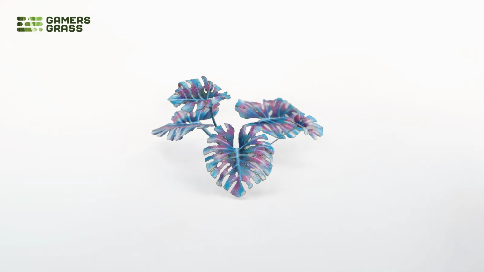 Close-up of assembled Gamers Grass Alien Monstera leaves in blue-teal tones showing laser-cut vein detail