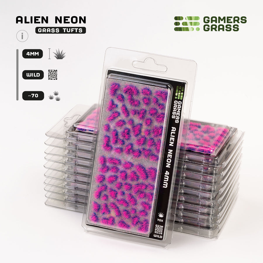 Gamers Grass Alien Neon 4mm - Wild Tuft packaging, featuring vibrant blue-pink, glow-like vegetation and fantastical scene imagery