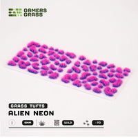 Sheet of 70 Alien Neon 4mm - Wild Tuft, displaying variety of shapes and sizes of luminescent blue and pink mixed alien-like vegetation tufts
