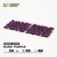 Sheet of 70 Alien Purple 6mm - Wild Tufts, displaying variety of shapes and sizes of rich purple, alien-like vegetation tufts
