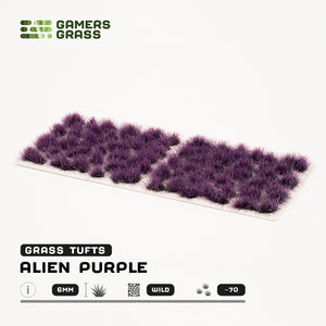 Sheet of 70 Alien Purple 6mm - Wild Tufts, displaying variety of shapes and sizes of rich purple, alien-like vegetation tufts