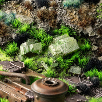 Post-apocalyptic diorama featuring Alien Toxic 6mm - Wild Tufts, showcasing a desolate wasteland with eerie, toxic green vegetation amidst ruins
