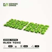 Sheet of 70 Alien Toxic 6mm - Wild Tufts, displaying variety of shapes and sizes of garish green, toxic-looking vegetation tufts
