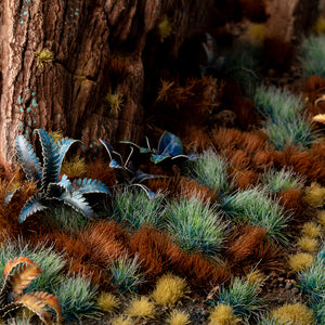 Multi-dimensional diorama featuring Alien Turquoise 6mm - Wild tufts, showcasing an alien landscape, magical forest, and coral reef scene with vibrant turquoise vegetation