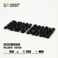 Sheet of 70 Alien Void 6mm - Wild tufts, displaying variety of shapes and sizes of intense black, shadow-like vegetation tufts
