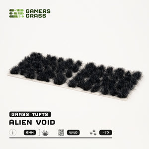 Sheet of 70 Alien Void 6mm - Wild tufts, displaying variety of shapes and sizes of intense black, shadow-like vegetation tufts